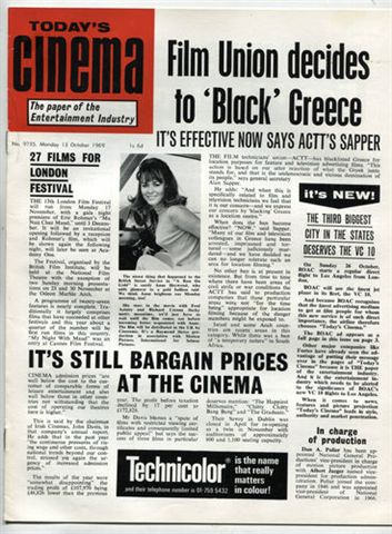 TODAYS CINEMA magazine side cover 13 October 1969