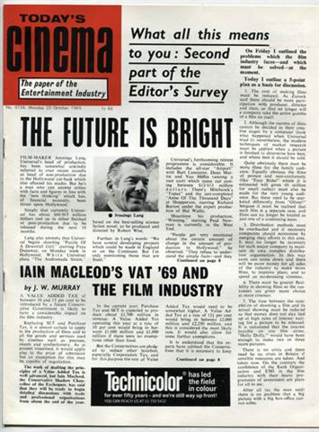 TODAYS CINEMA magazine side cover 20 October 1969