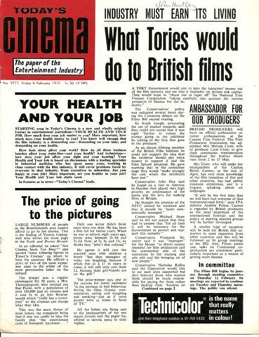 TODAYS CINEMA magazine side cover 6 February 1970