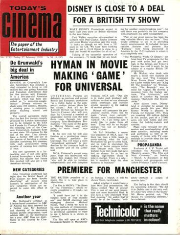TODAYS CINEMA magazine side cover 22 February 1970