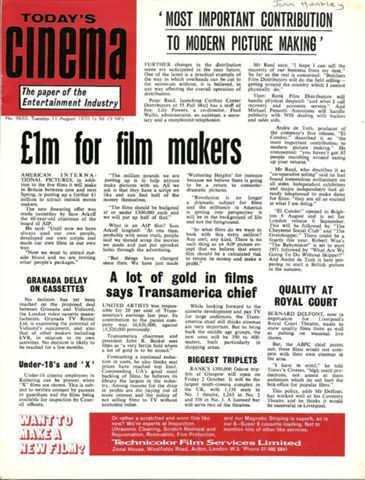 TODAYS CINEMA magazine side cover 11 August 1970