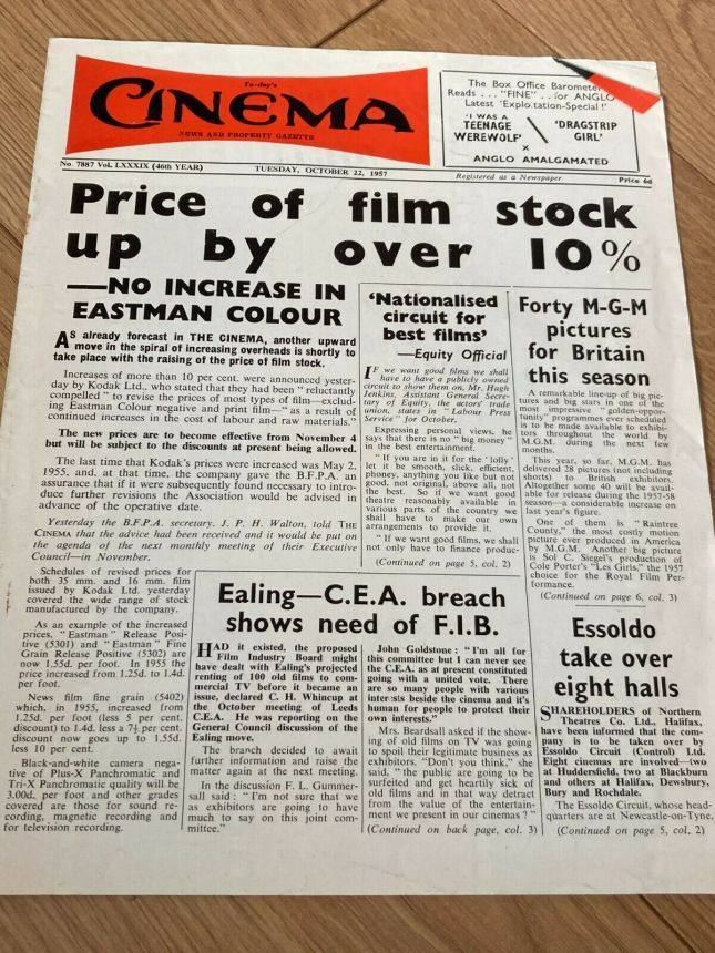 TODAYS CINEMA magazine side cover Issue 7887 22 October 1957
