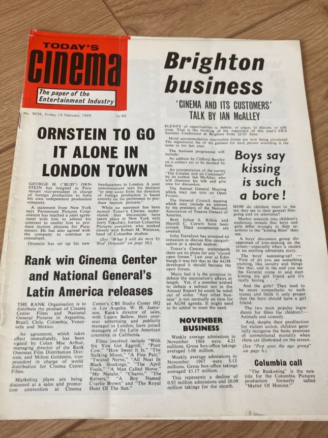 TODAYS CINEMA magazine side cover Issue 9636 14 February 1969