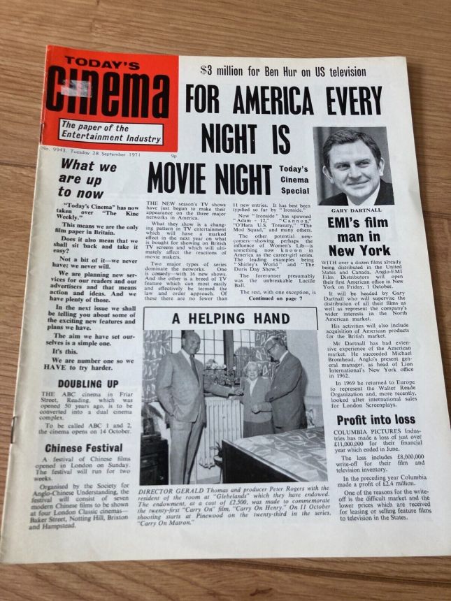 TODAYS CINEMA magazine side cover Issue 9943 28 September 1971