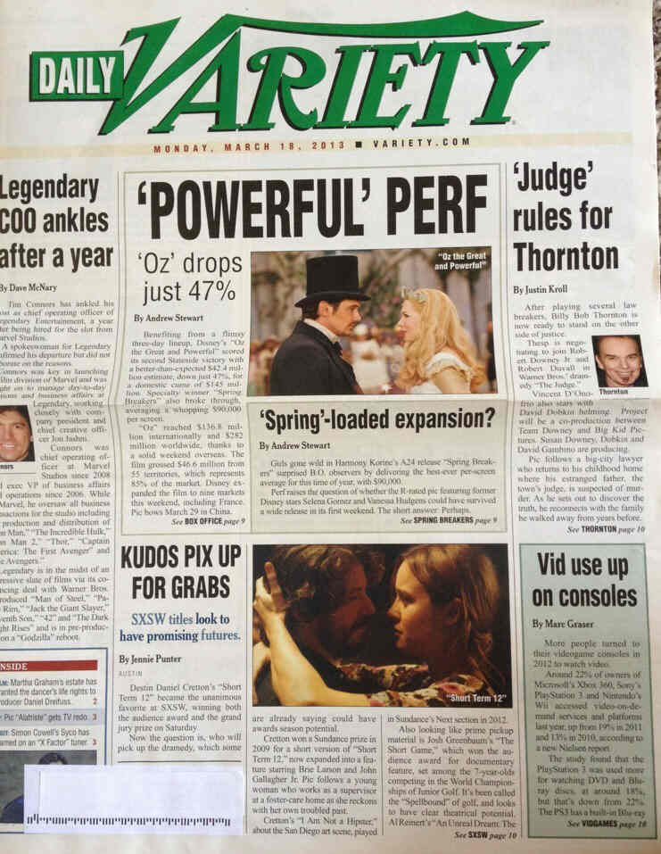 DAILY VARIETY magazine side cover 18 March 2013