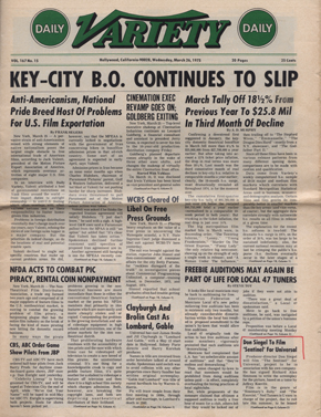 DAILY VARIETY magazine side cover  Vol 167 No 15  1975