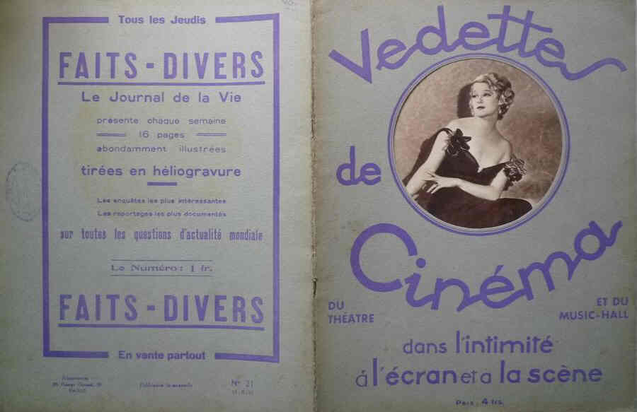 VEDETTES DE CINEMA magazine side cover Issue 21 15 October 1932