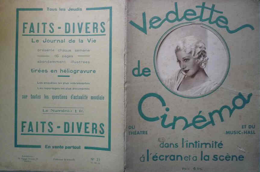 VEDETTES DE CINEMA magazine side cover Issue 23 15 November 1932