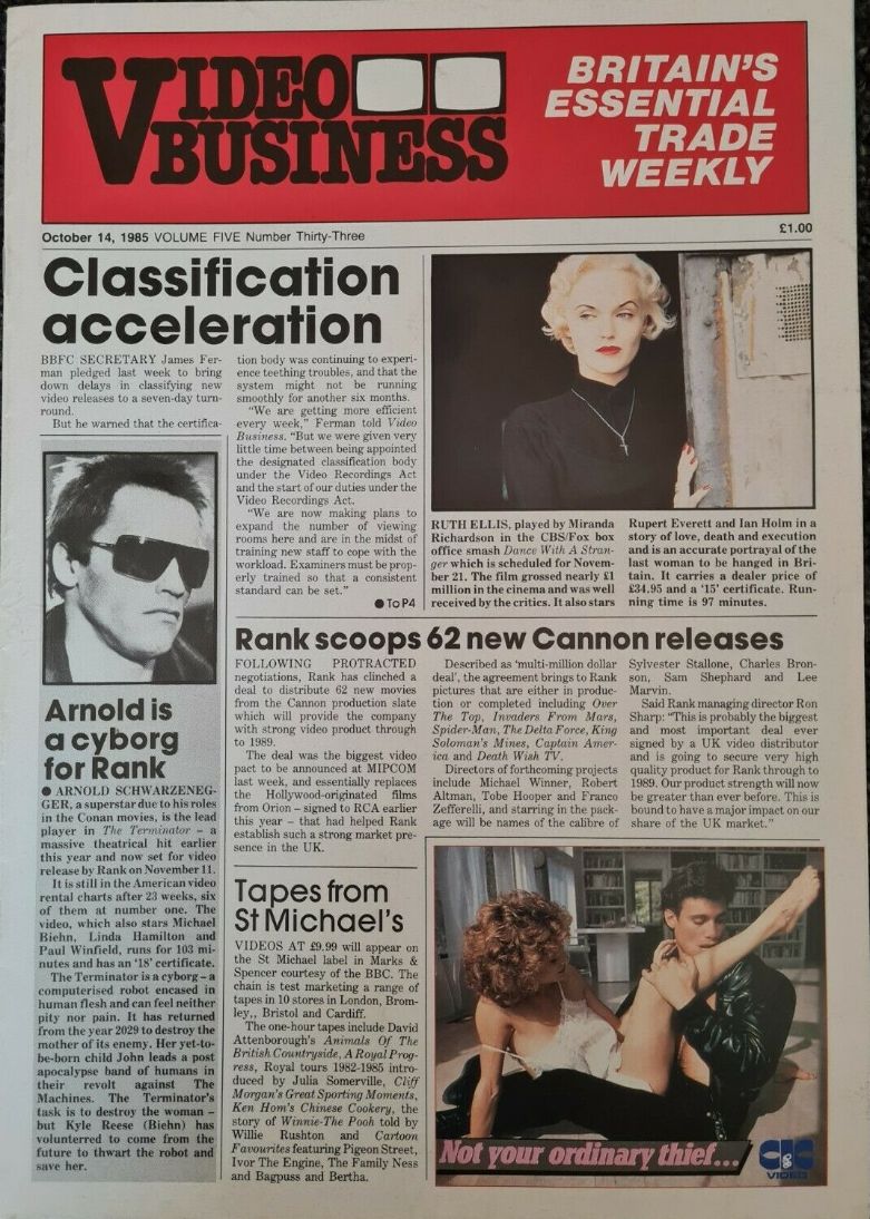 VIDEO BUSINESS (UK) magazine side cover  Vol 5 No  33 15 October 1985