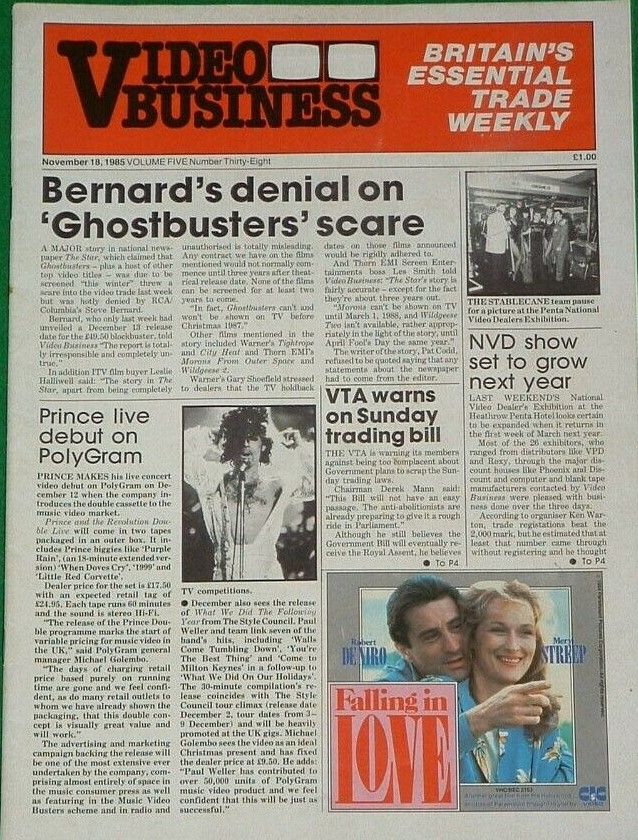 VIDEO BUSINESS (UK) magazine side cover  Vol 5 No  38 18 November 1985