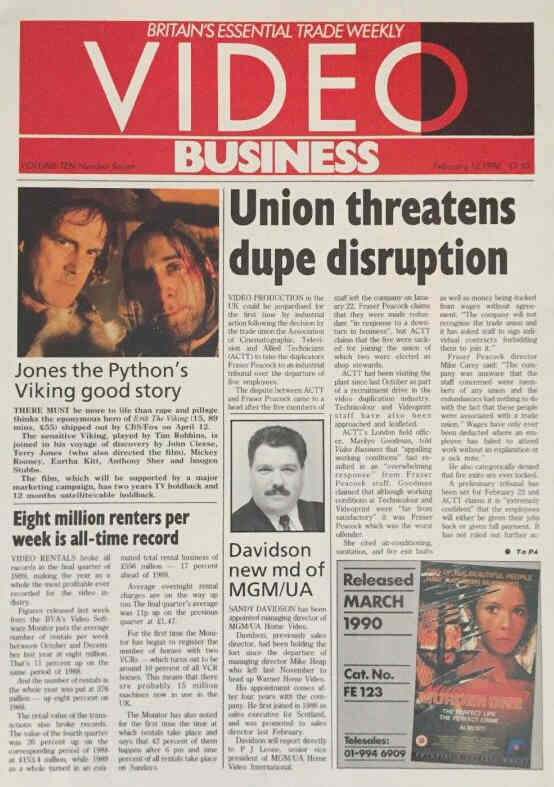 VIDEO BUSINESS (UK) magazine side cover 12 February 1990