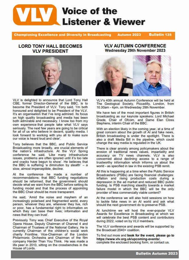 VOICE OF THE LISTENER AND VIEWER magazine side cover Issue 136 Autumn 2023