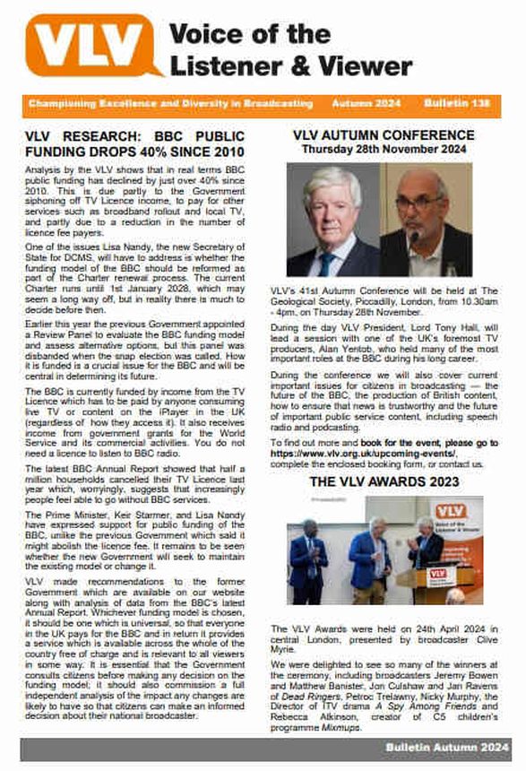 VOICE OF THE LISTENER AND VIEWER magazine side cover Issue 138 Autumn 2024