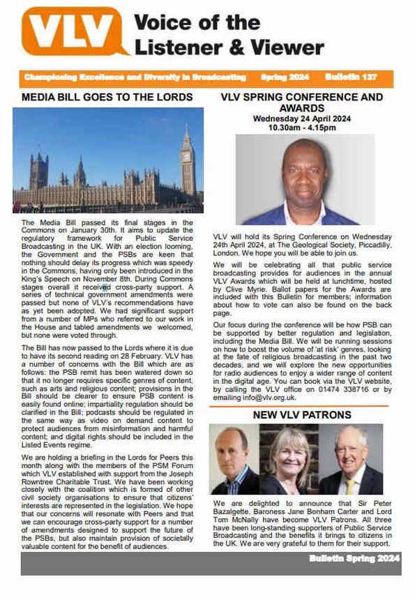 VOICE OF THE LISTENER AND VIEWER magazine side cover Issue 137 Spring 2024