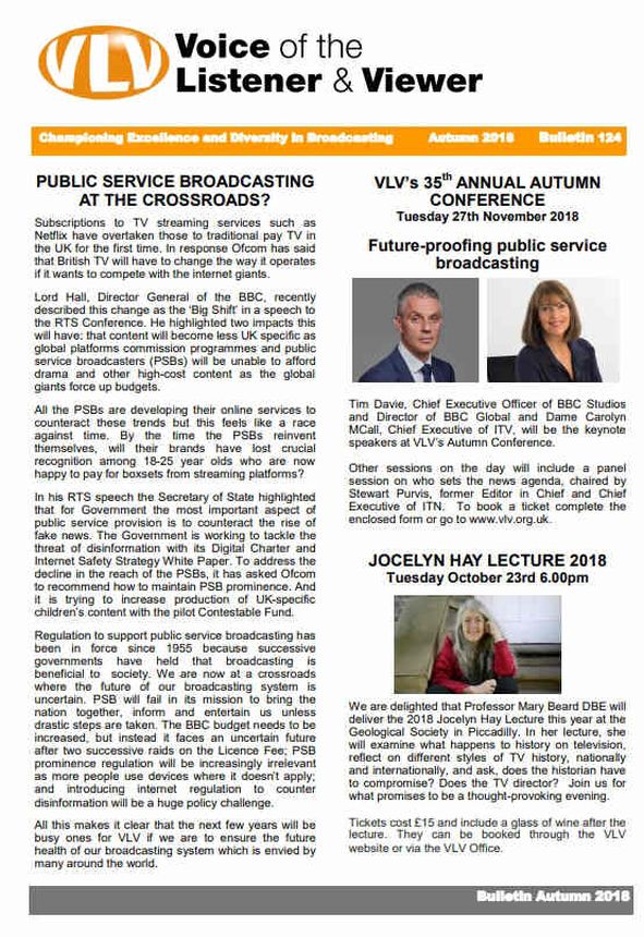 VOICE OF THE LISTENER AND VIEWER magazine side cover Issue 124 Autumn 2018