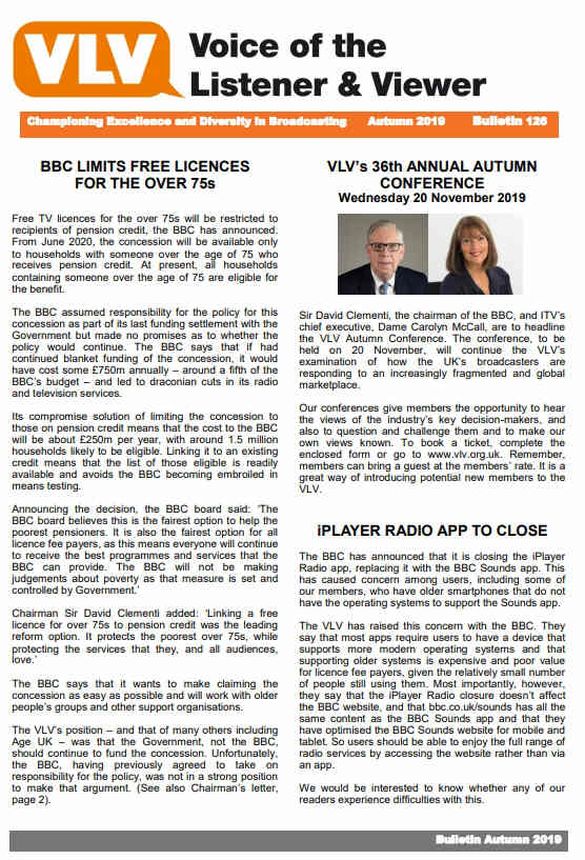 VOICE OF THE LISTENER AND VIEWER magazine side cover Issue 126 Autumn 2019