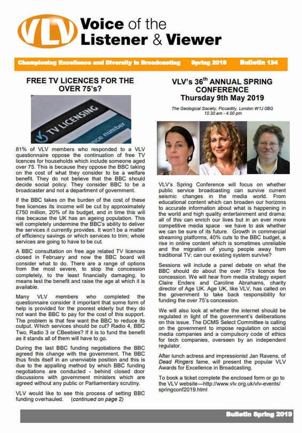 VOICE OF THE LISTENER AND VIEWER magazine side cover Issue 125 Spring 2019