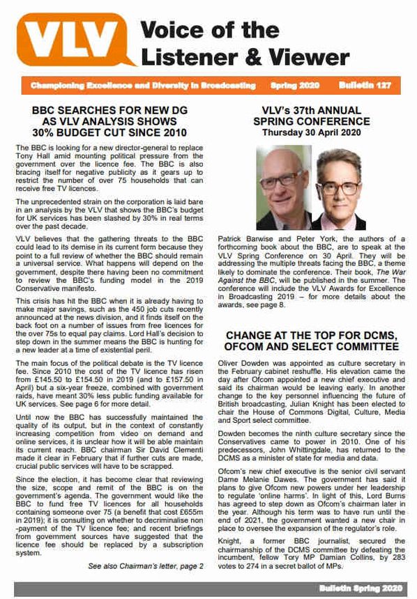 VOICE OF THE LISTENER AND VIEWER magazine side cover Issue 127 Spring 2020