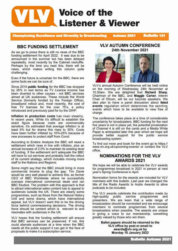 VOICE OF THE LISTENER AND VIEWER magazine side cover Issue 132 Autumn 2021