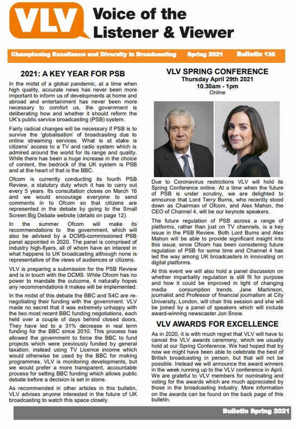 VOICE OF THE LISTENER AND VIEWER magazine side cover Issue 130 Spring 2021