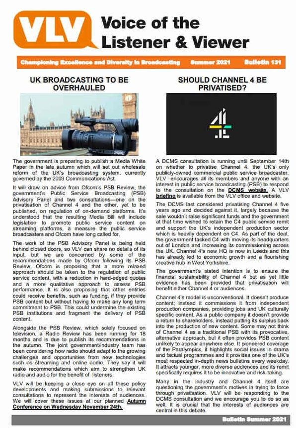 VOICE OF THE LISTENER AND VIEWER magazine side cover Issue 131 Summer 2021