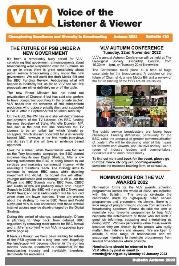 VOICE OF THE LISTENER AND VIEWER magazine side cover Issue 134 Autumn 2022