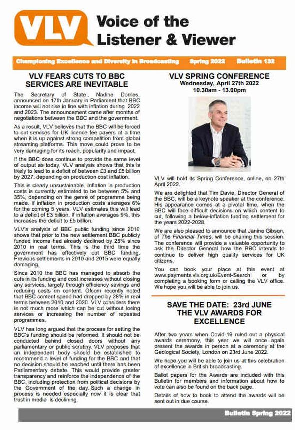 VOICE OF THE LISTENER AND VIEWER magazine side cover Issue 133 Spring 2022