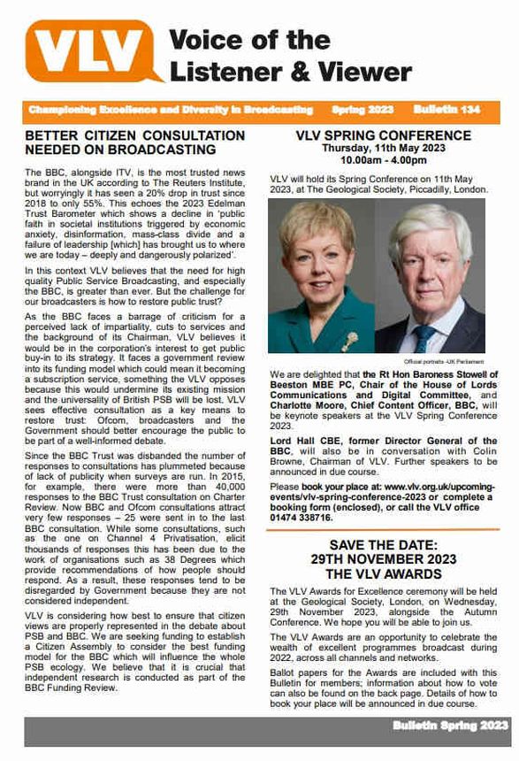 VOICE OF THE LISTENER AND VIEWER magazine side cover Issue 135 Spring 2023