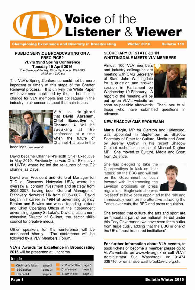 VOICE OF THE LISTENER AND VIEWER magazine side cover Issue 119 Spring 2016
