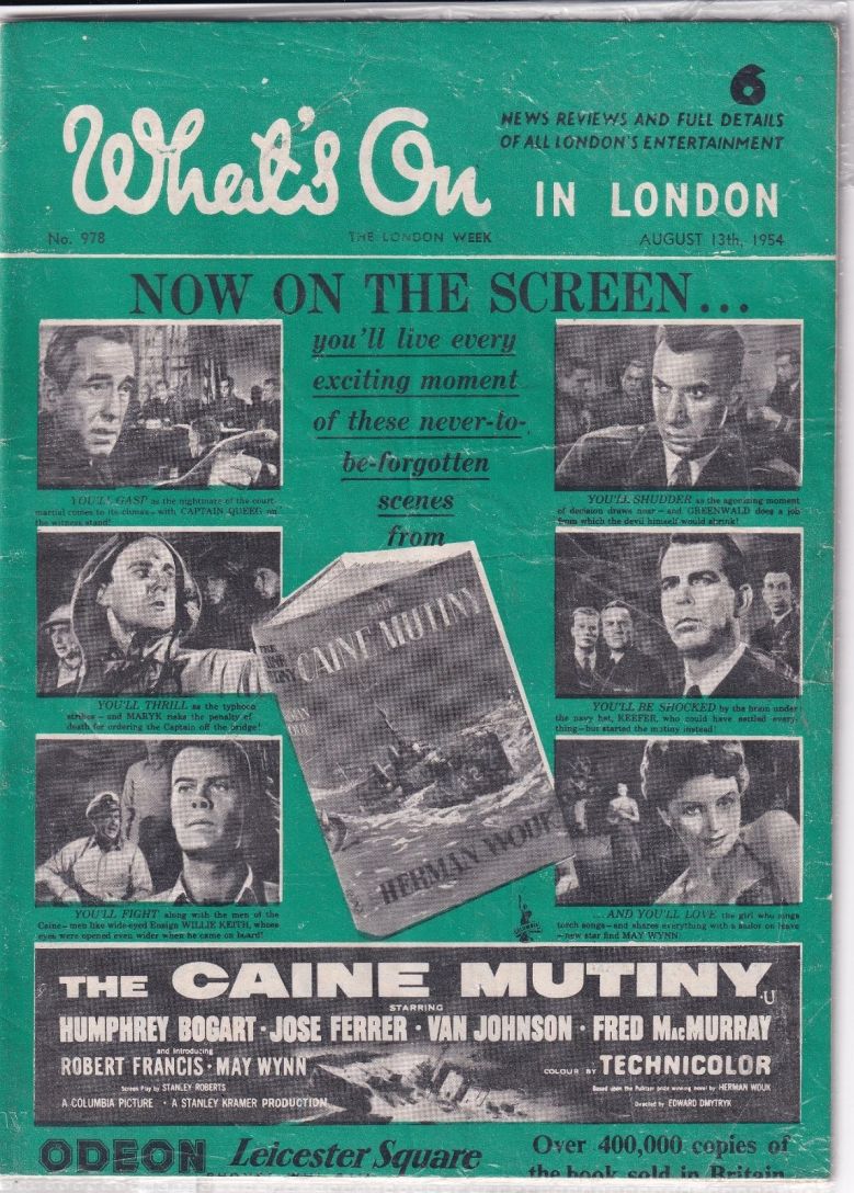 WHATS ON IN LONDON magazine side cover Issue 978 13 August 1954